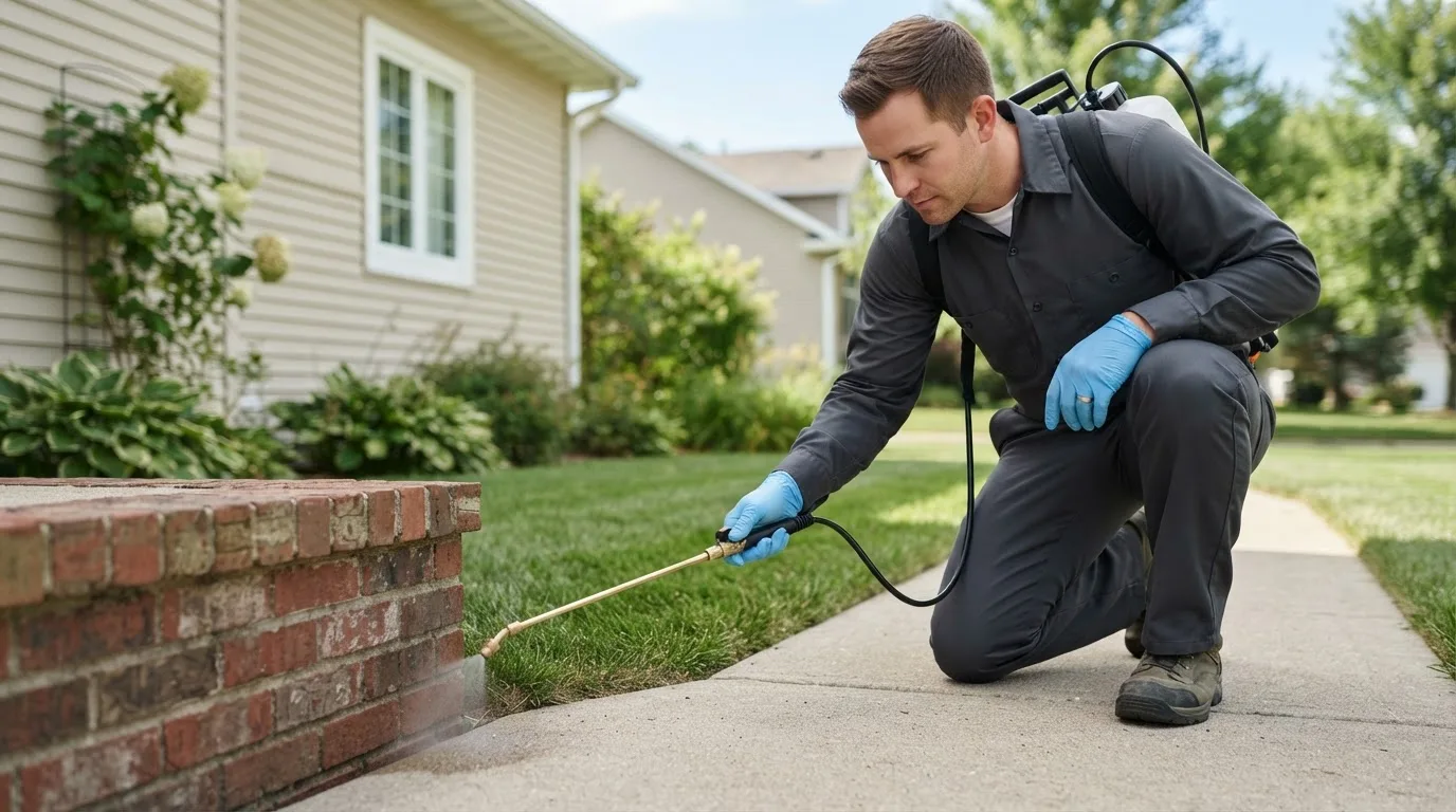Pest control technician treating a home near Mottville, NY