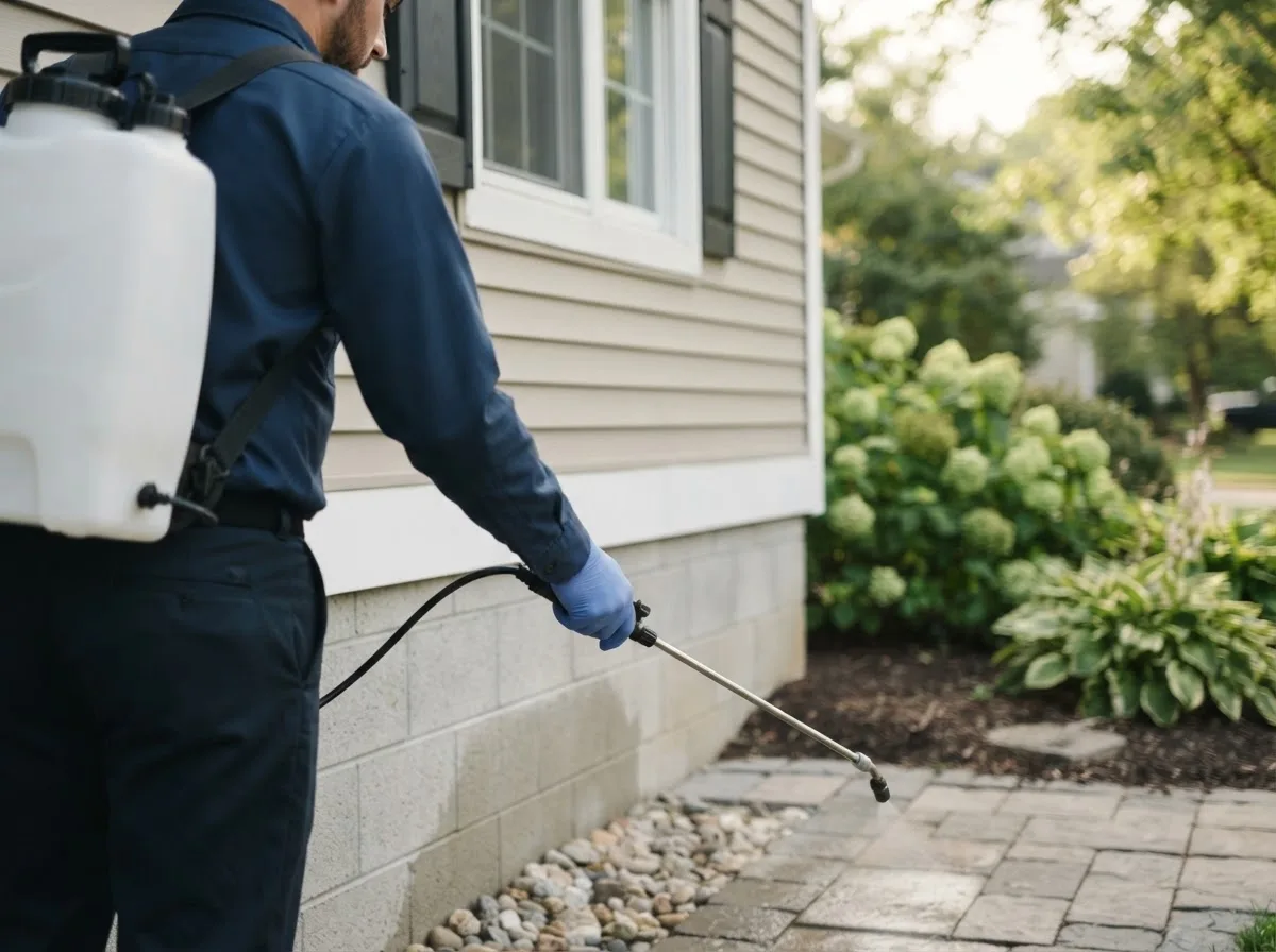 Pest control technician inspecting a home in Mottville, NY